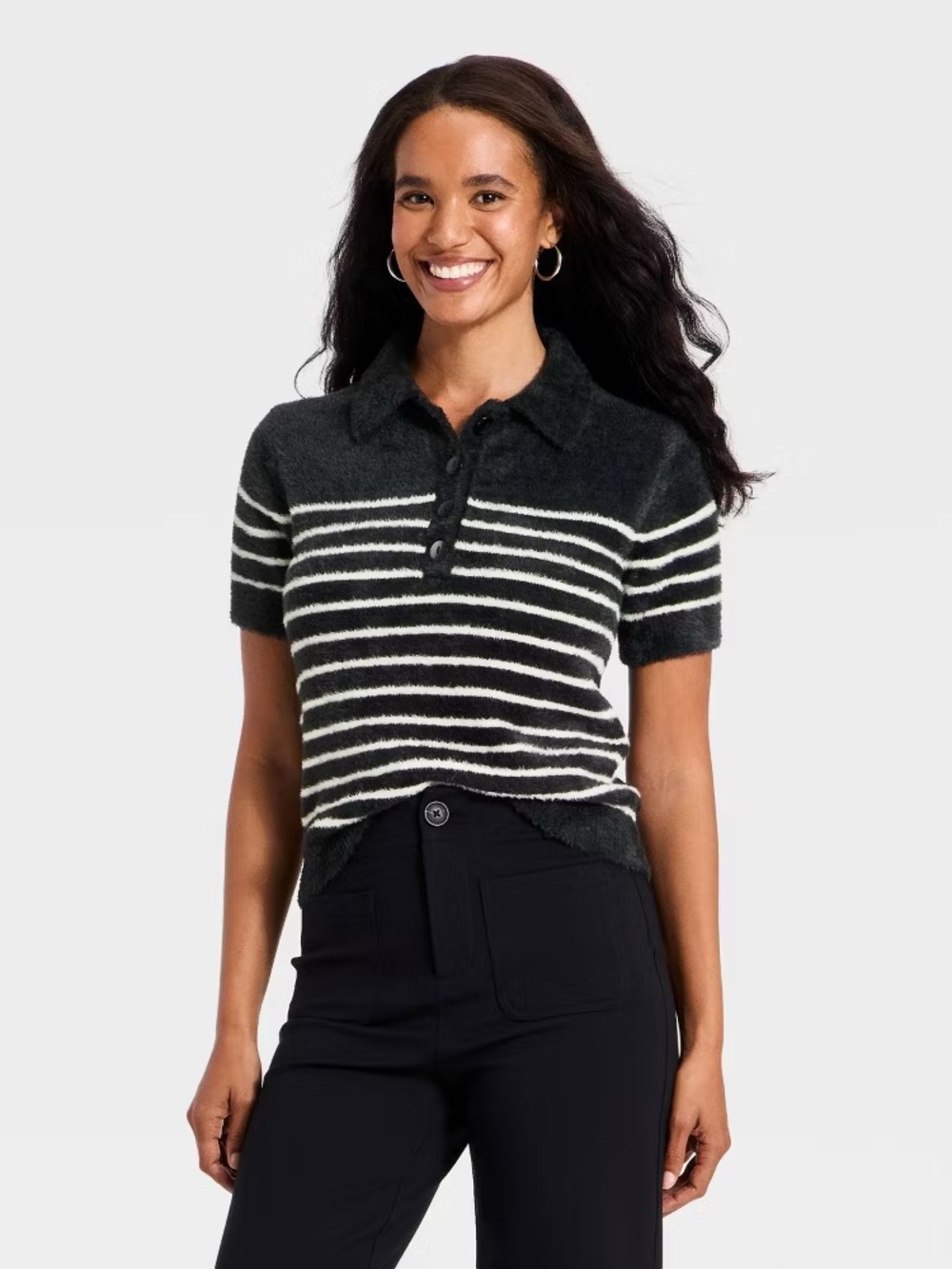A New Day Striped Knit fuzzy Polo Top
